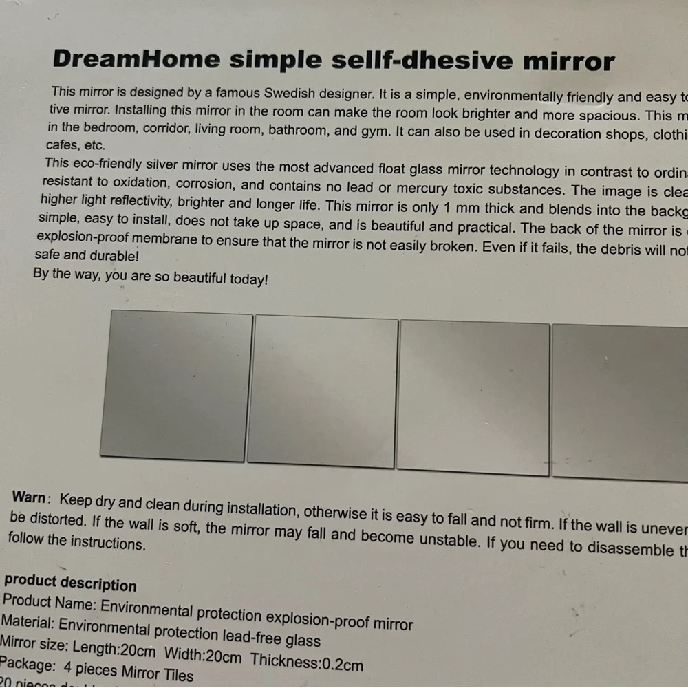 NWT DreamHome Self-Adhesive Mirror Tiles Four Square Mirrors Home Wall Decor